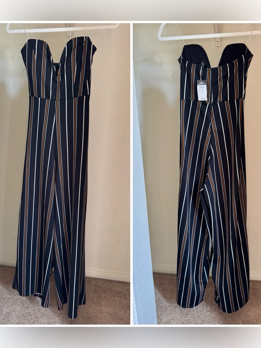 Rue21 Strapless Wide-Leg Jumpsuit in Black with Tan & White Stripes